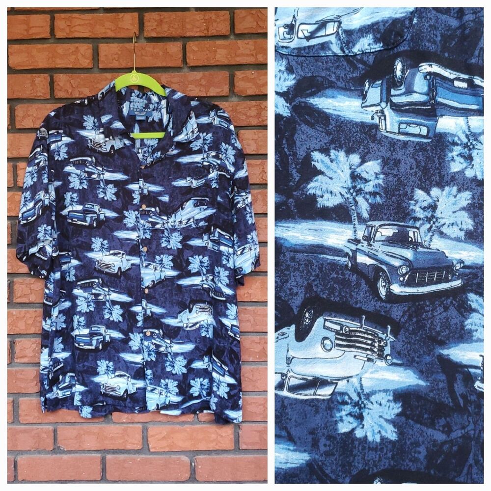 Blue Hawaiian Camp Shirt Mens Large Classic Trucks Retro Print Palm Tree Rayon